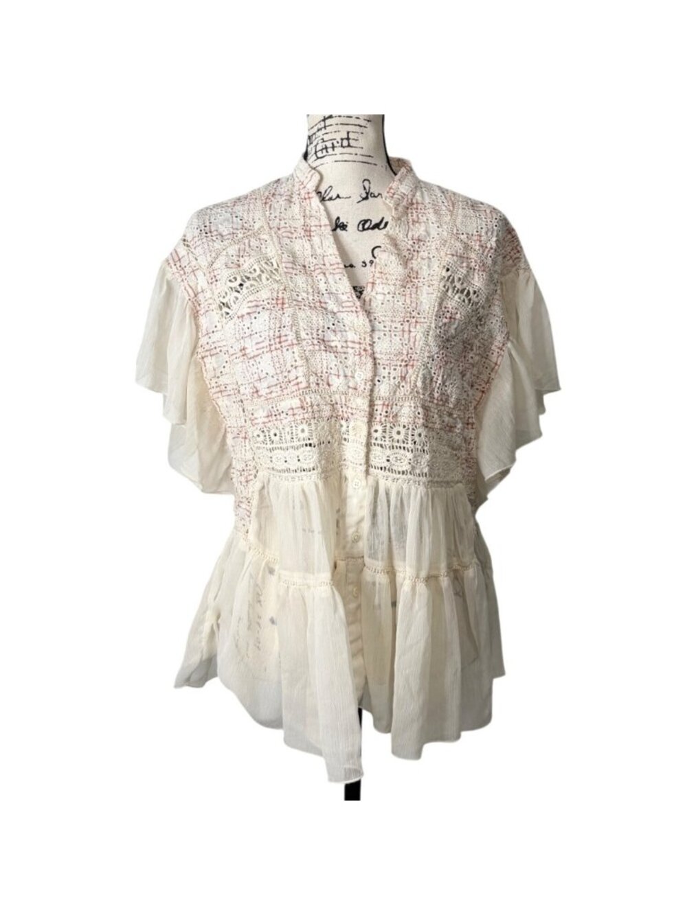 Akemi + Kin Anthropologie Women Size M Top Crochet Eyelet Lace Sheer Cream Pink